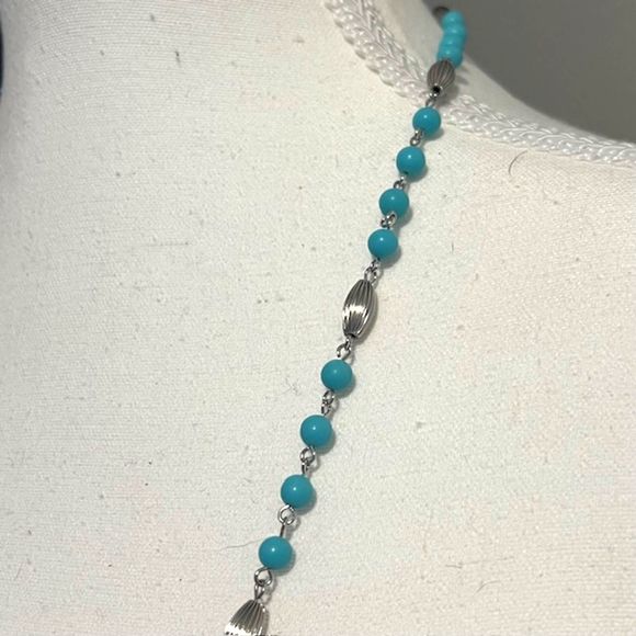 VTG Sarah Coventry Turquoise Blue Silver Fluted Wired Necklace - Picture 4 of 7